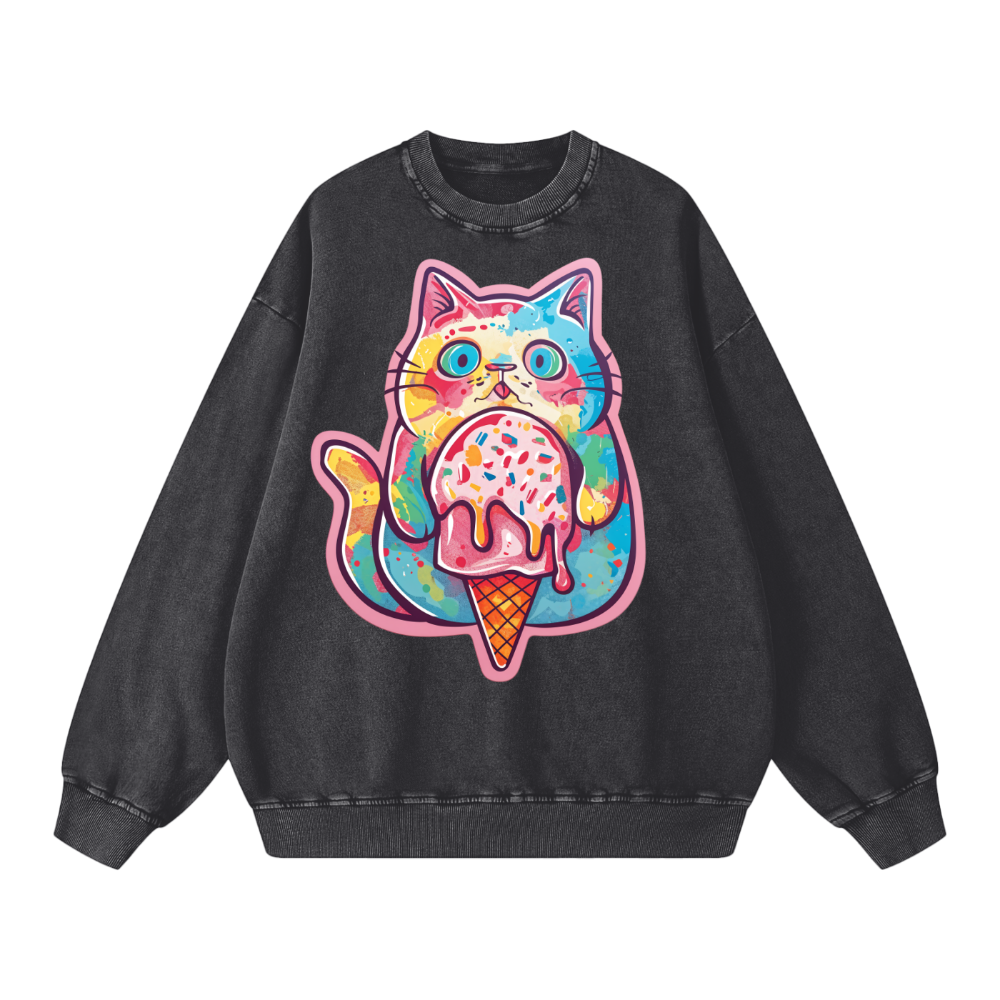 Kitty Haz Ice Cream Snow Washed Oversized Unisex Streetwear Sweatshirt