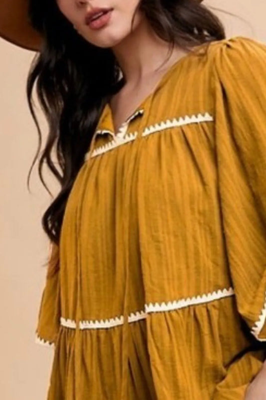 Annie Wear Tassel Contrast Trim Tie Neck Half Sleeve Tiered Dress - Xtreme Shopper