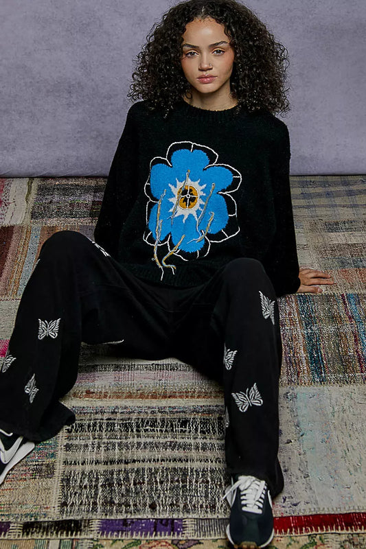 POL Floral Pattern Round Neck Sweater with Exposed Stitching - Xtreme Shopper