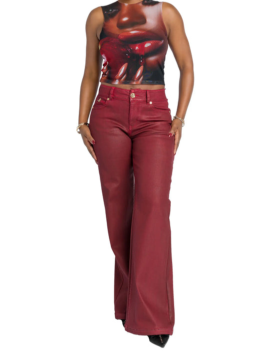 Low Rise Wide Leg Leather Look Jean - Red Delicious