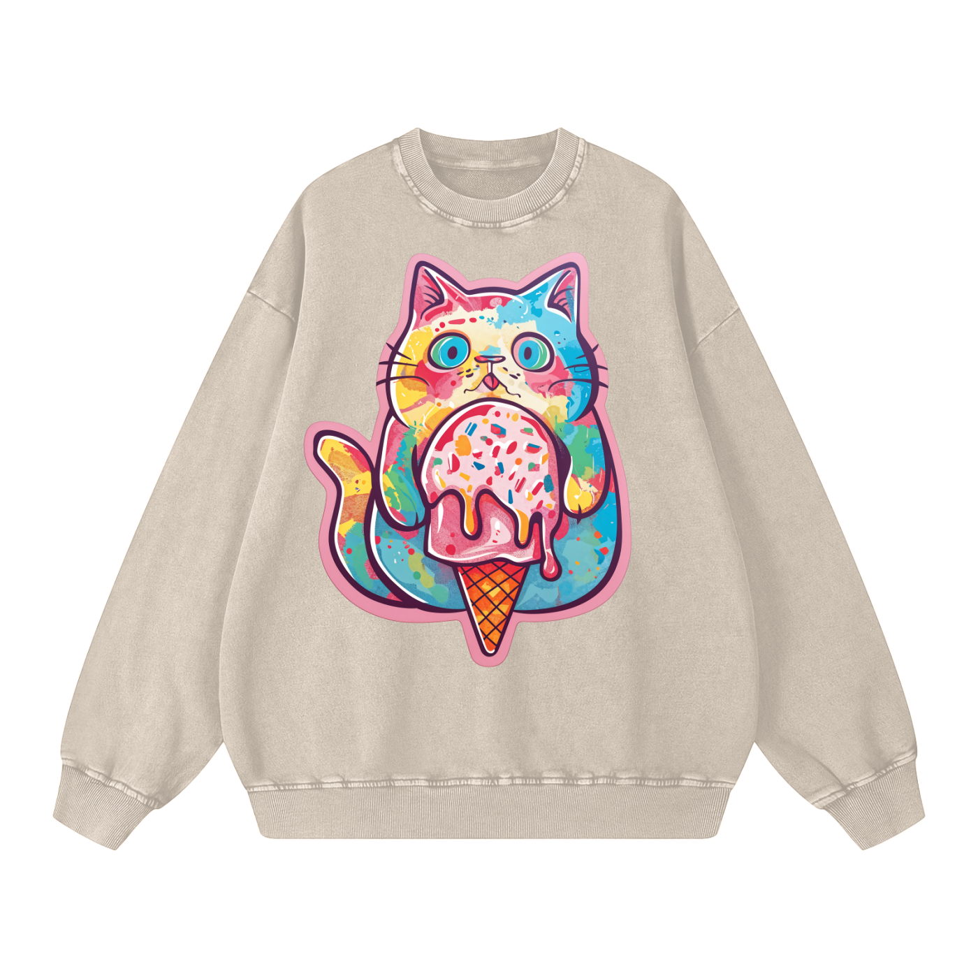 Kitty Haz Ice Cream Snow Washed Oversized Unisex Streetwear Sweatshirt