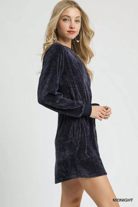Umgee Velour Drawstring Mini Dress with Long Sleeves - Xtreme Shopper