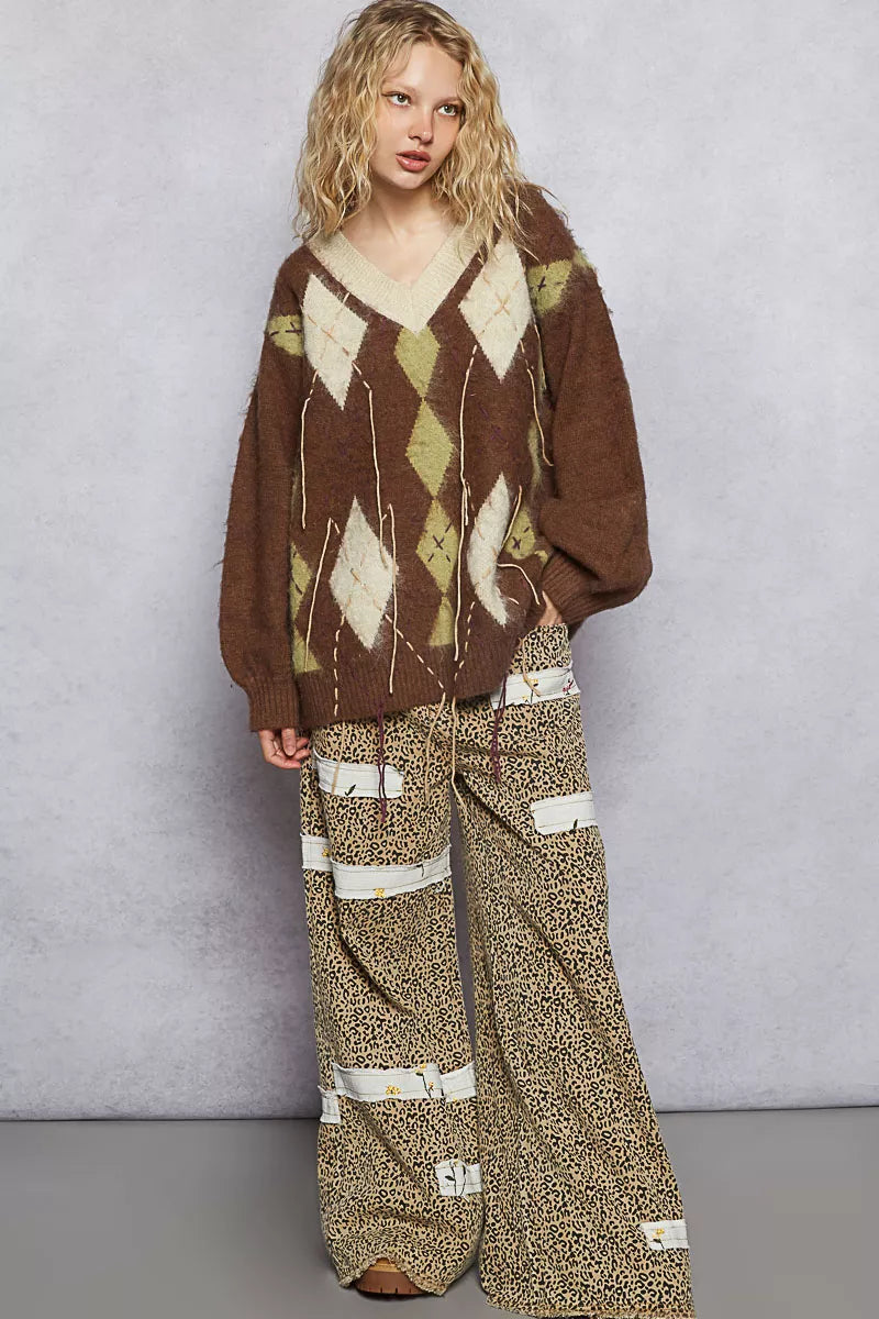 POL V-Neck Argyle Pattern Mohair Sweater with Contrast Exposed Stitch Detail - Xtreme Shopper