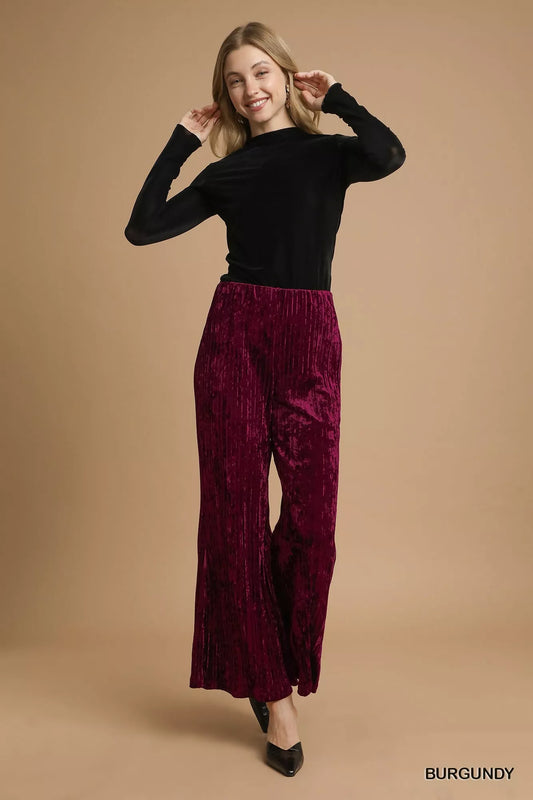 Umgee Velvet Pleated Wide Leg Pants - Xtreme Shopper
