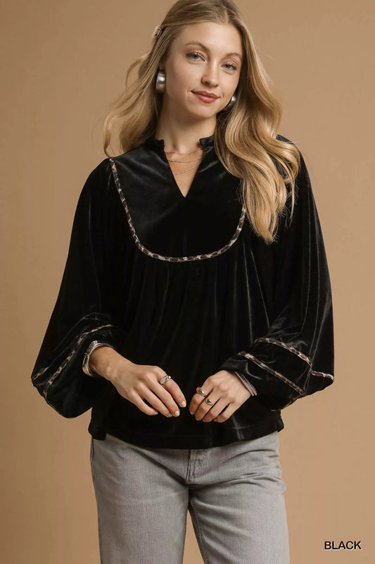 Umgee Velvet Long Sleeve Blouse with Contrast Trim - Xtreme Shopper