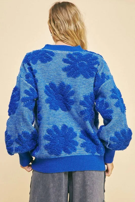 Davi & Dani Flower Texture Round Neck Dropped Shoulder Sweater - Xtreme Shopper