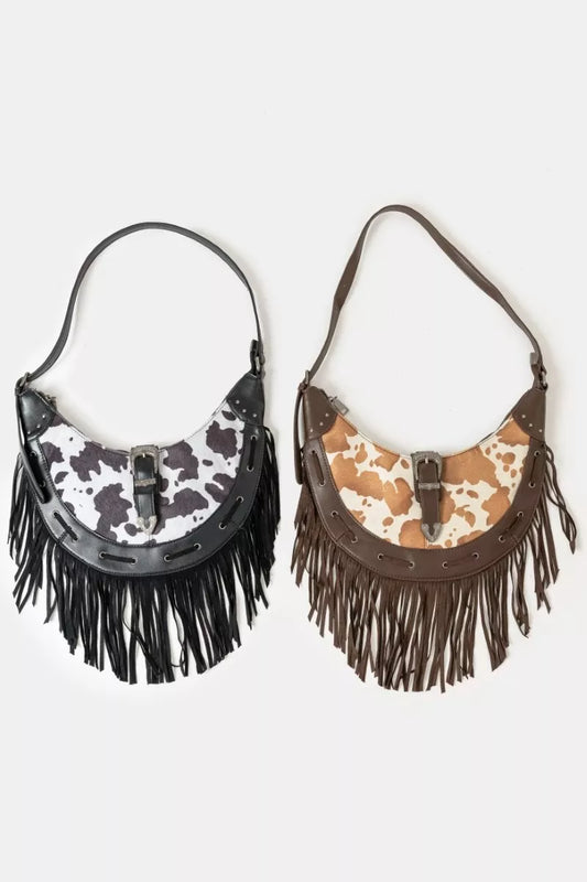 Fame Cow Print Faux Leather Fringe Hobo Bag - Xtreme Shopper