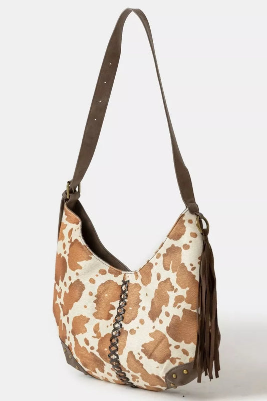Fame Cow Print Hobo Shoulder Bag with Studded Details - Xtreme Shopper