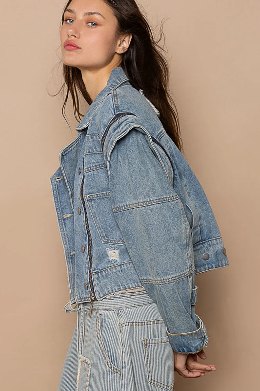 POL Cropped Denim Jacket with Functional Zipper Detail - Xtreme Shopper