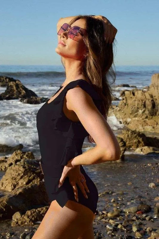 Davi & Dani Solid One Shoulder Ruffle One Piece Swimsuit - Xtreme Shopper