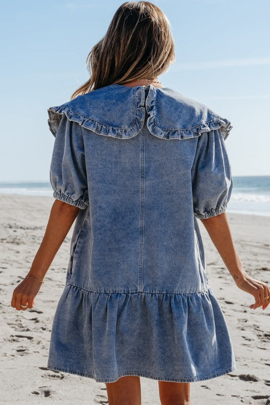 Emory Ruffled Collared Side Pockets Denim Dress - Xtreme Shopper