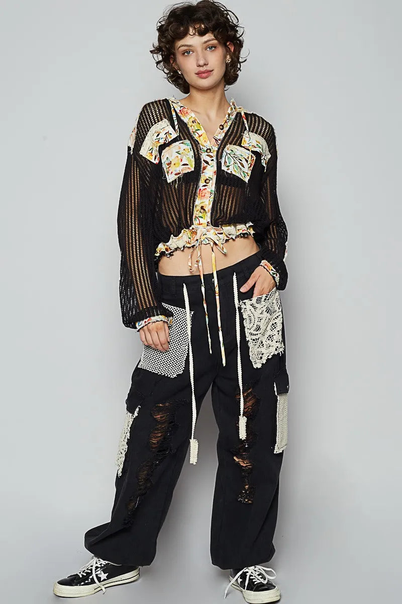 POL Vintage Washed Crochet Hoodie Jacket Top - Xtreme Shopper