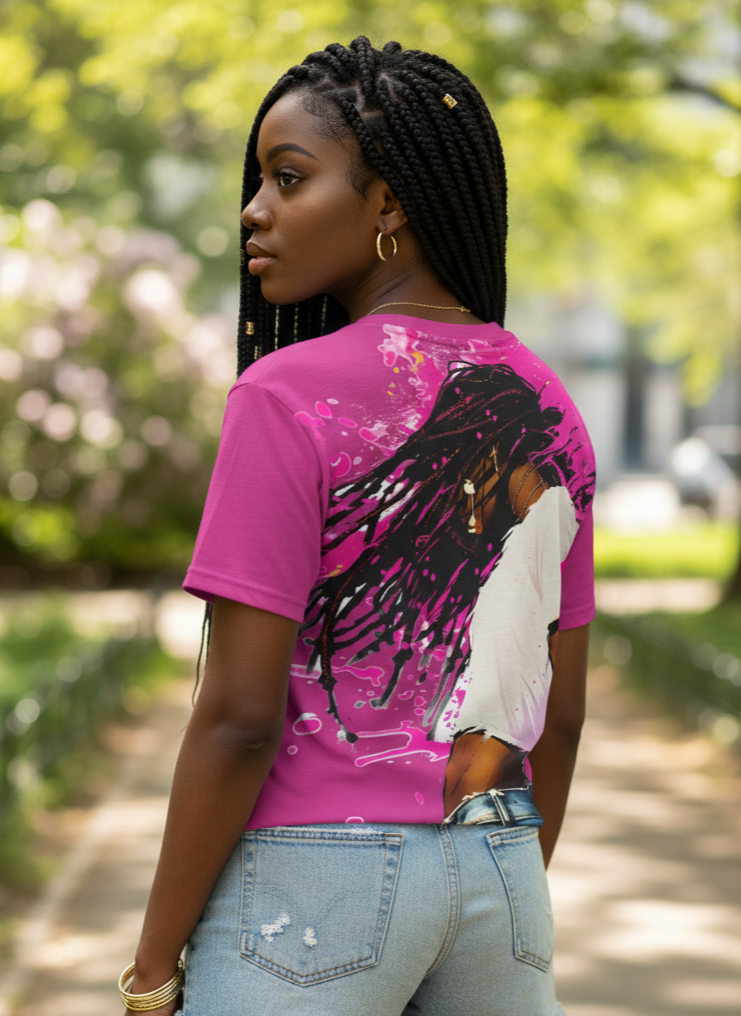 Woman wearing a pink t-shirt with a graphic design outdoors