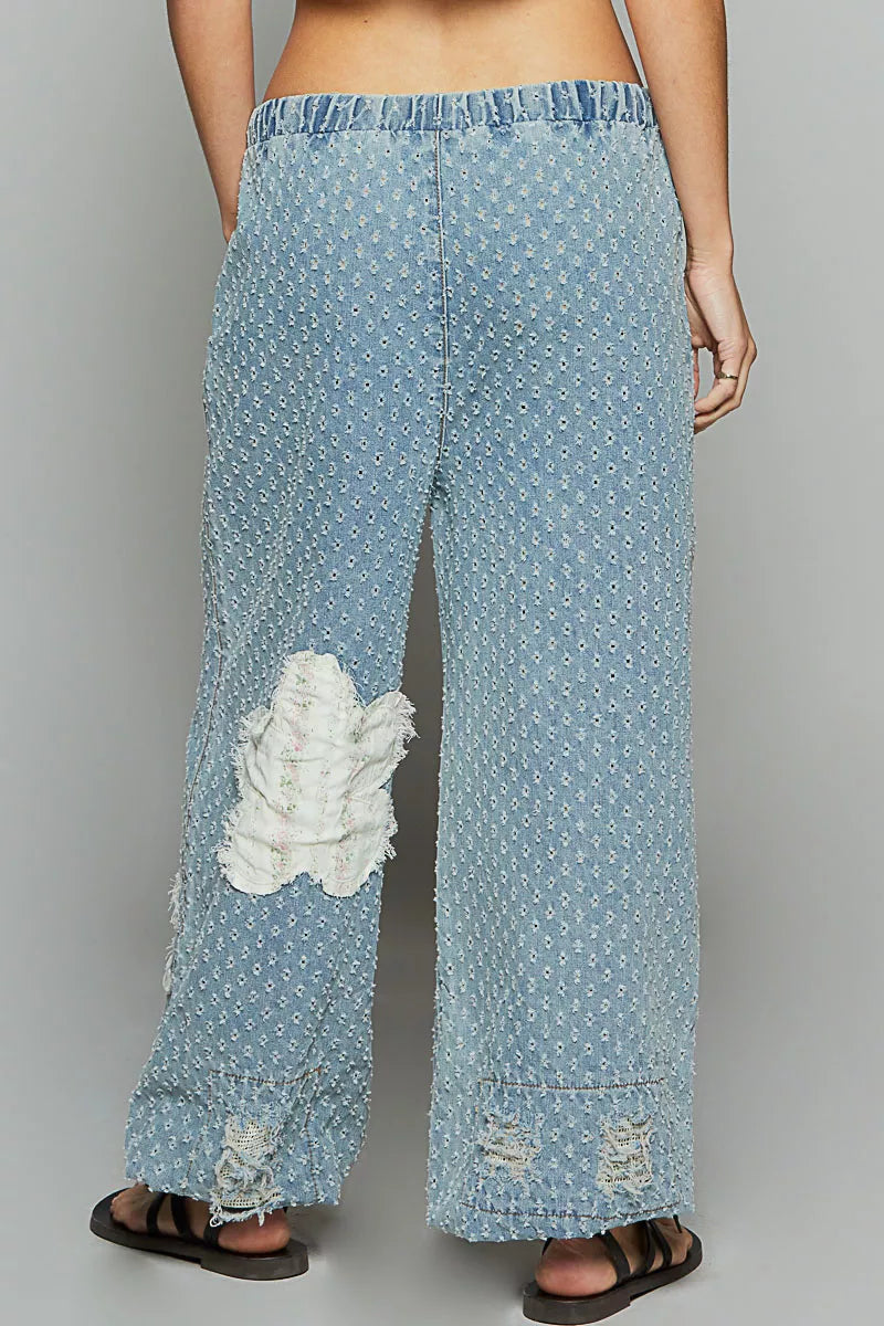 POL Boho Floral Patch Washed Textured Twill Pants with Crochet See Thru Patch - Xtreme Shopper