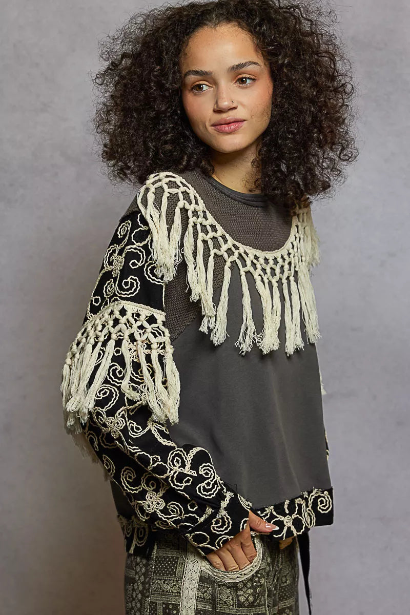 POL Boho Contrast Floral Embroidery Balloon Sleeve Top with Tassel Trim - Xtreme Shopper