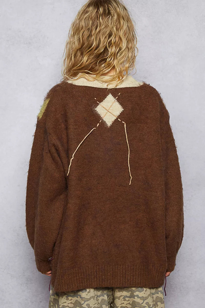 POL V-Neck Argyle Pattern Mohair Sweater with Contrast Exposed Stitch Detail - Xtreme Shopper