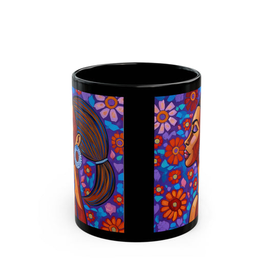 Colorful Daises Afrocentric Black Woman Abstract Art 11oz Black Coffee Mug