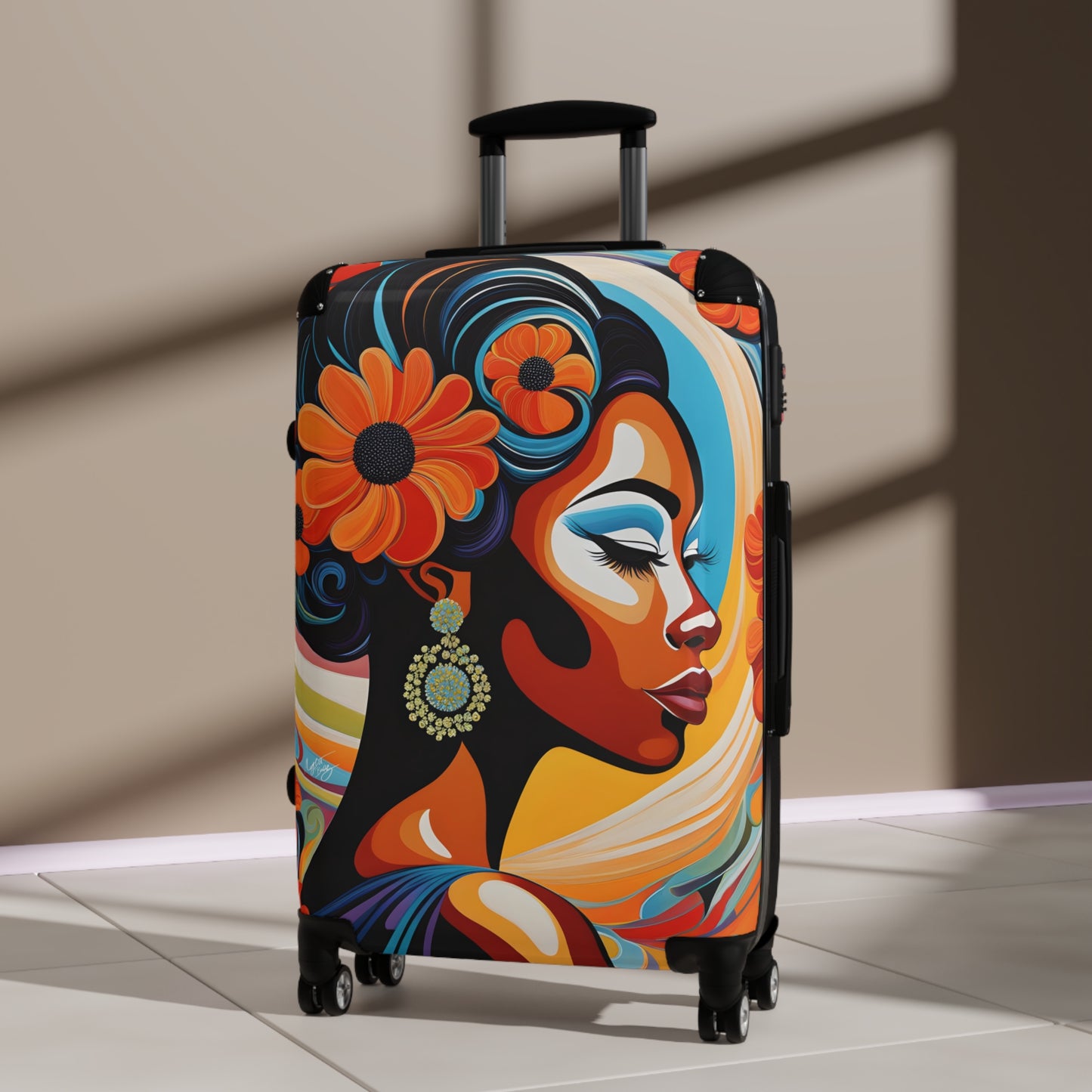 Psychedelic Flowers In Bloom Black Art Hardshell Hardside Lockable Spinner Suitcase Luggage