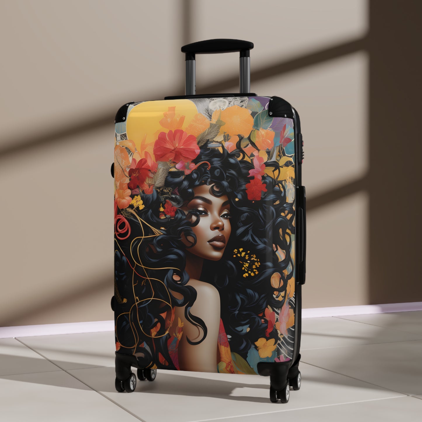 Universe Of Flowers Black Art Hardshell Hardside Lockable Spinner Suitcase Luggage
