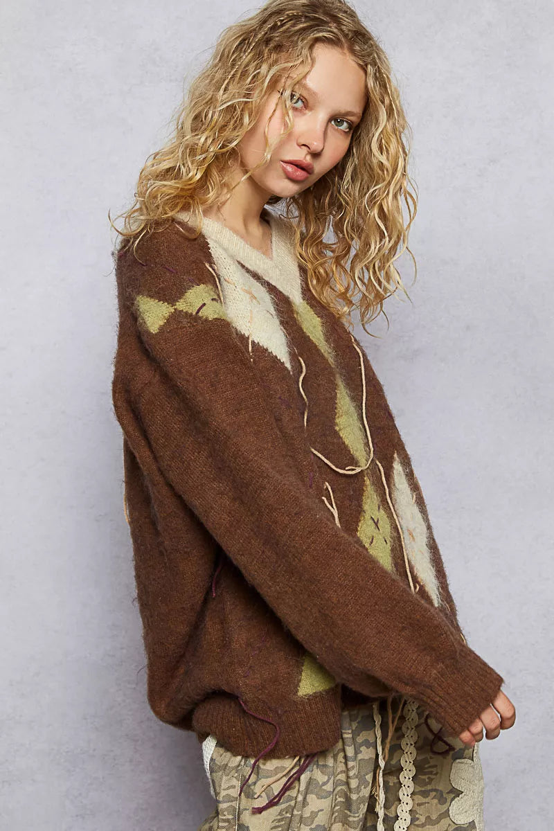 POL V-Neck Argyle Pattern Mohair Sweater with Contrast Exposed Stitch Detail - Xtreme Shopper