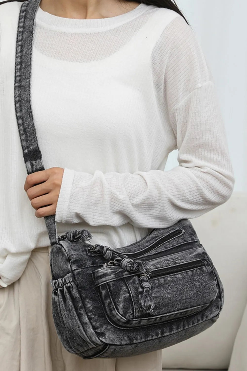 Trendy Adjustable Strap Denim Crossbody Bag