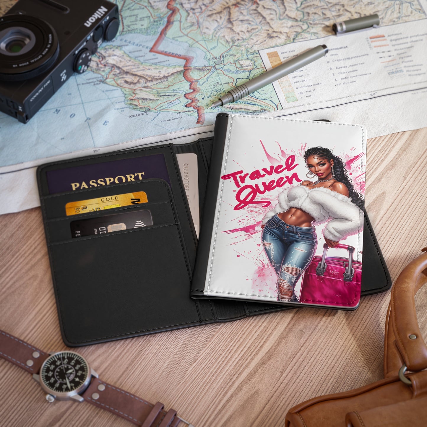 Travel Queen Vegan Leather Black Art RFID Blocking Passport Cover