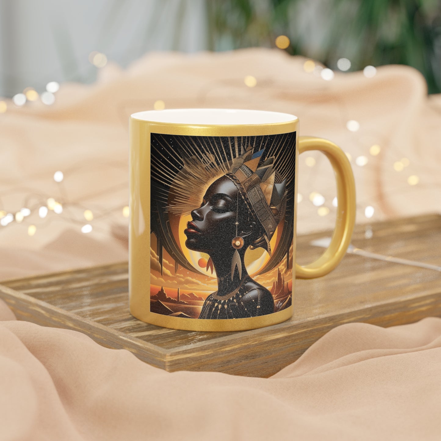 Ancient Princess Afrocentric Black Woman Abstract Art Gold Metallic Coffee Mug
