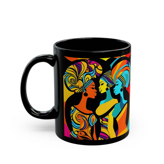 Girlfriends In Swirling Abstract Afrocentric Black Woman Abstract Art Black Coffee Mug