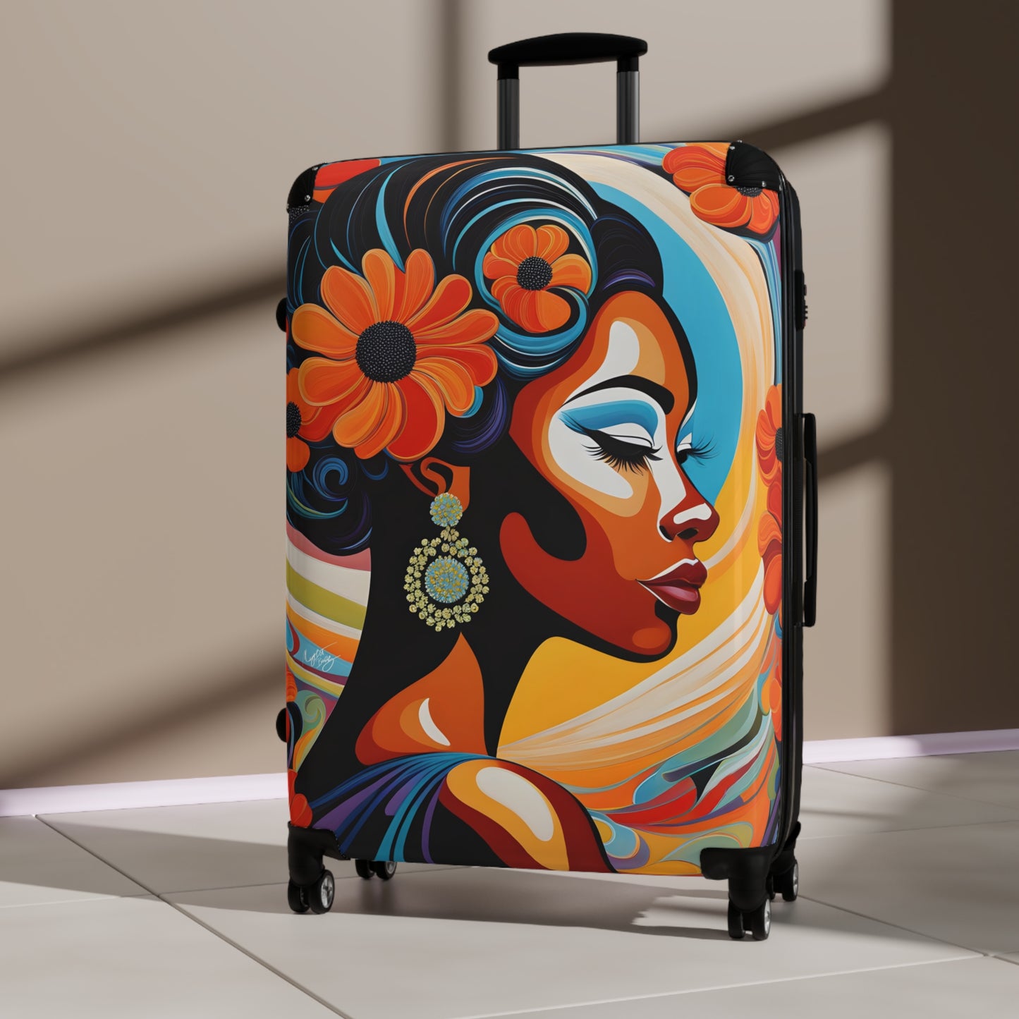 Psychedelic Flowers In Bloom Black Art Hardshell Hardside Lockable Spinner Suitcase Luggage