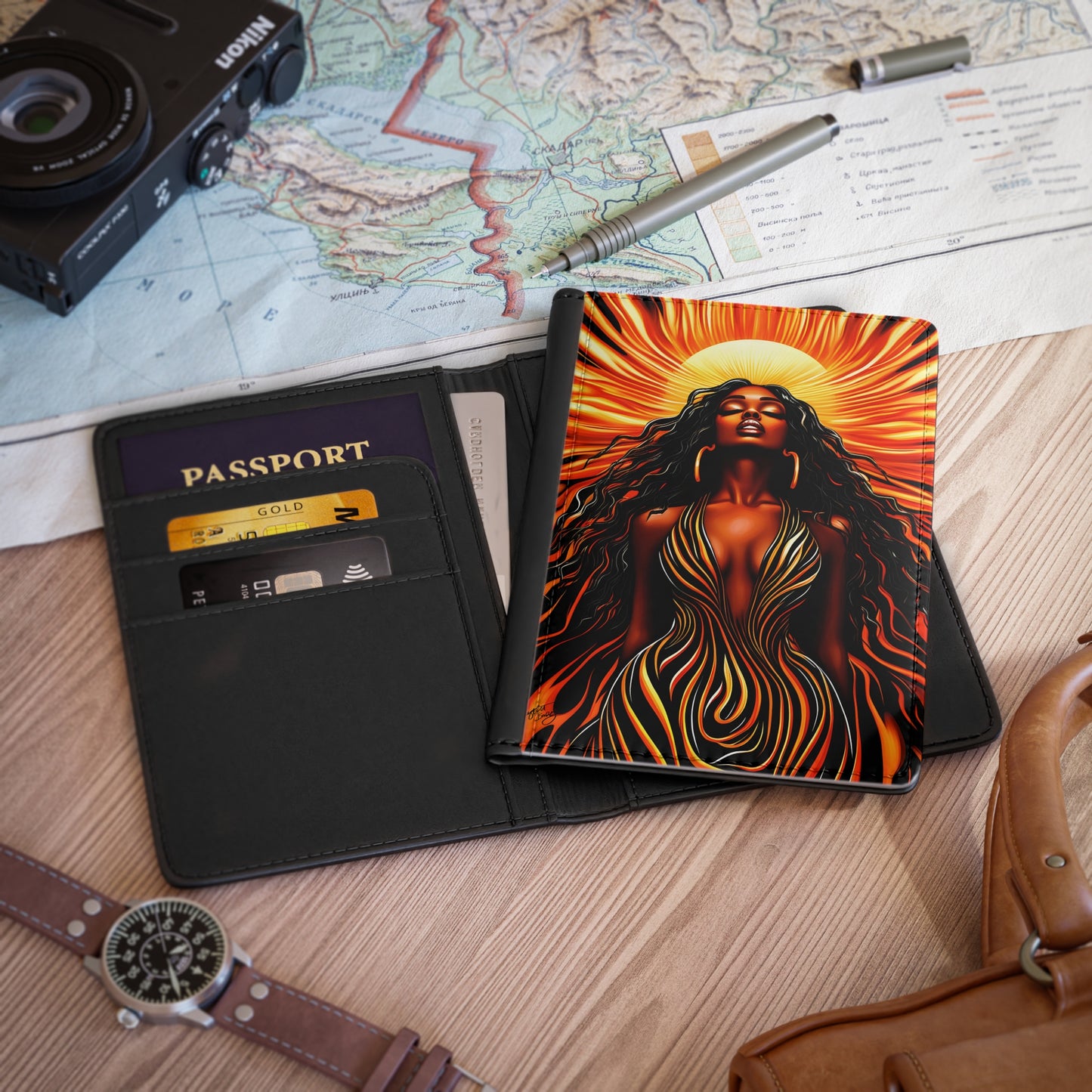 Sun Kissed Vegan Leather Black Art RFID Blocking Passport Cover