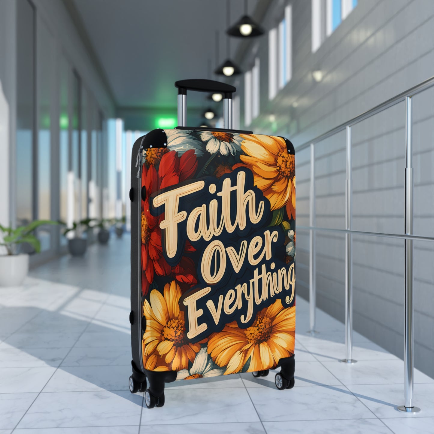 Faith Over Everything Spiritual Floral Art Hardshell Hardside Lockable Spinner Suitcase Luggage