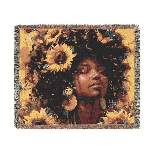 Daisies Everywhere Afrocentric Black Woman Abstract Art Woven Throw Blanket