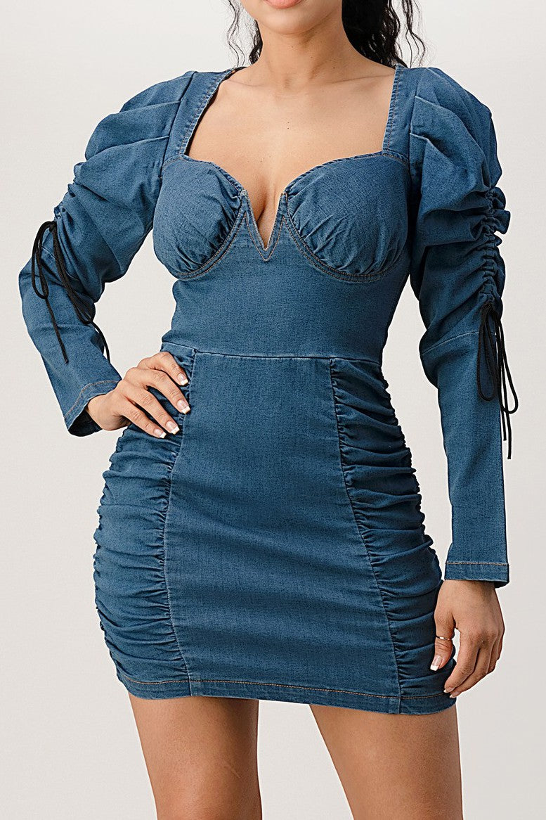 Trendy Denim Ruched Corset Mini Dress