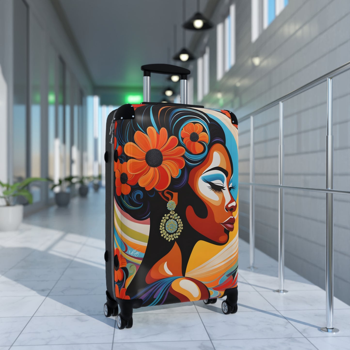 Psychedelic Flowers In Bloom Black Art Hardshell Hardside Lockable Spinner Suitcase Luggage