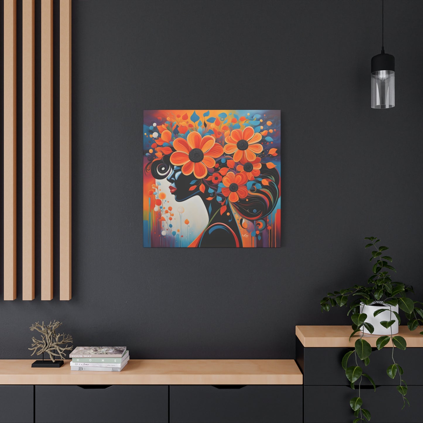 Flowery Thoughts Black Woman Art Canvas Wall Print