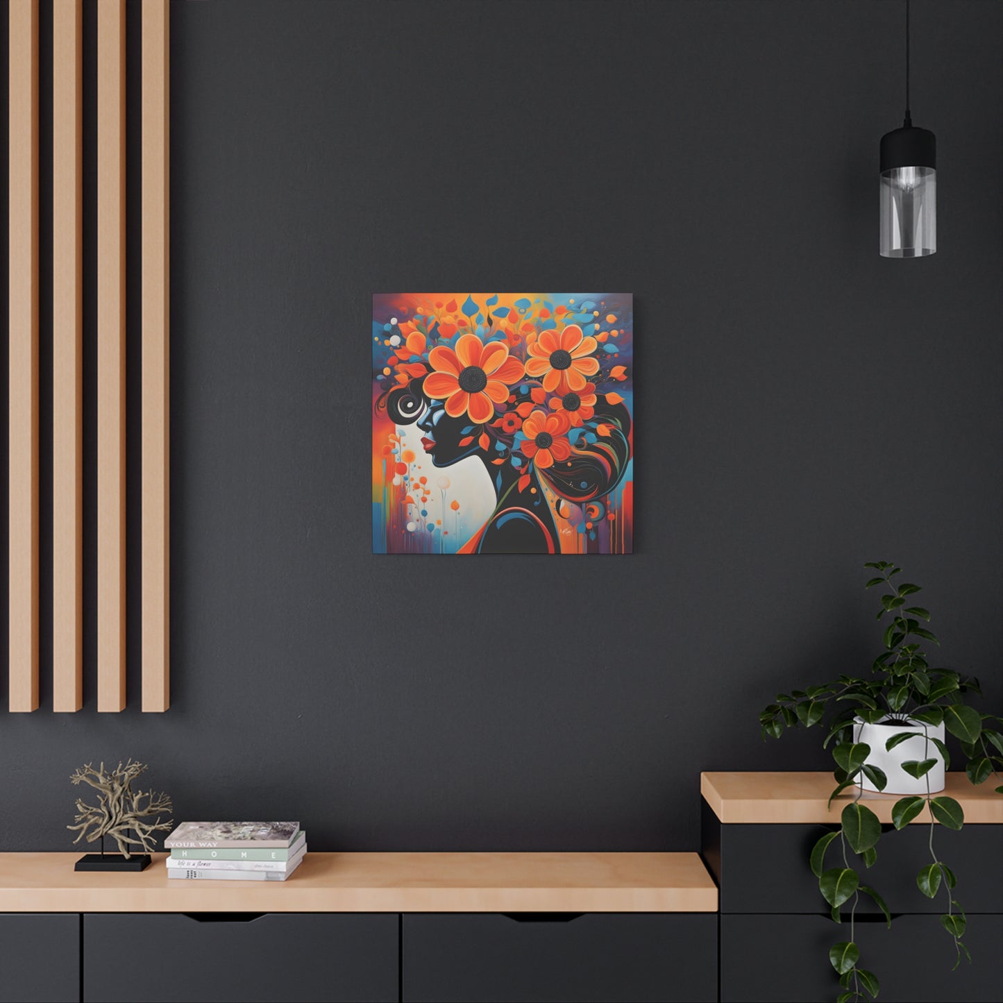 Flowery Thoughts Black Woman Art Canvas Wall Print