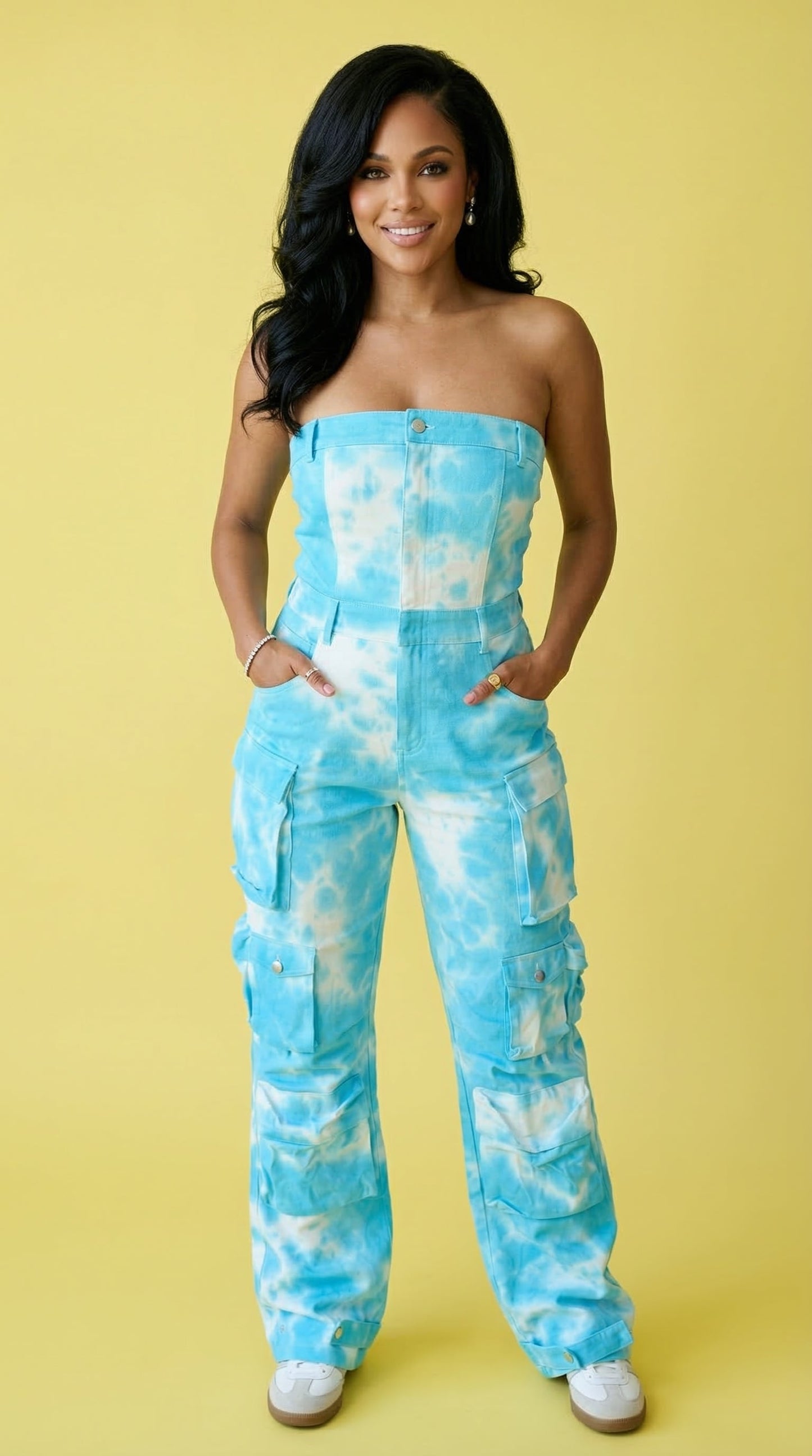 Summer Trends Blue Tie Dye Strapless Utility Jumpsuit