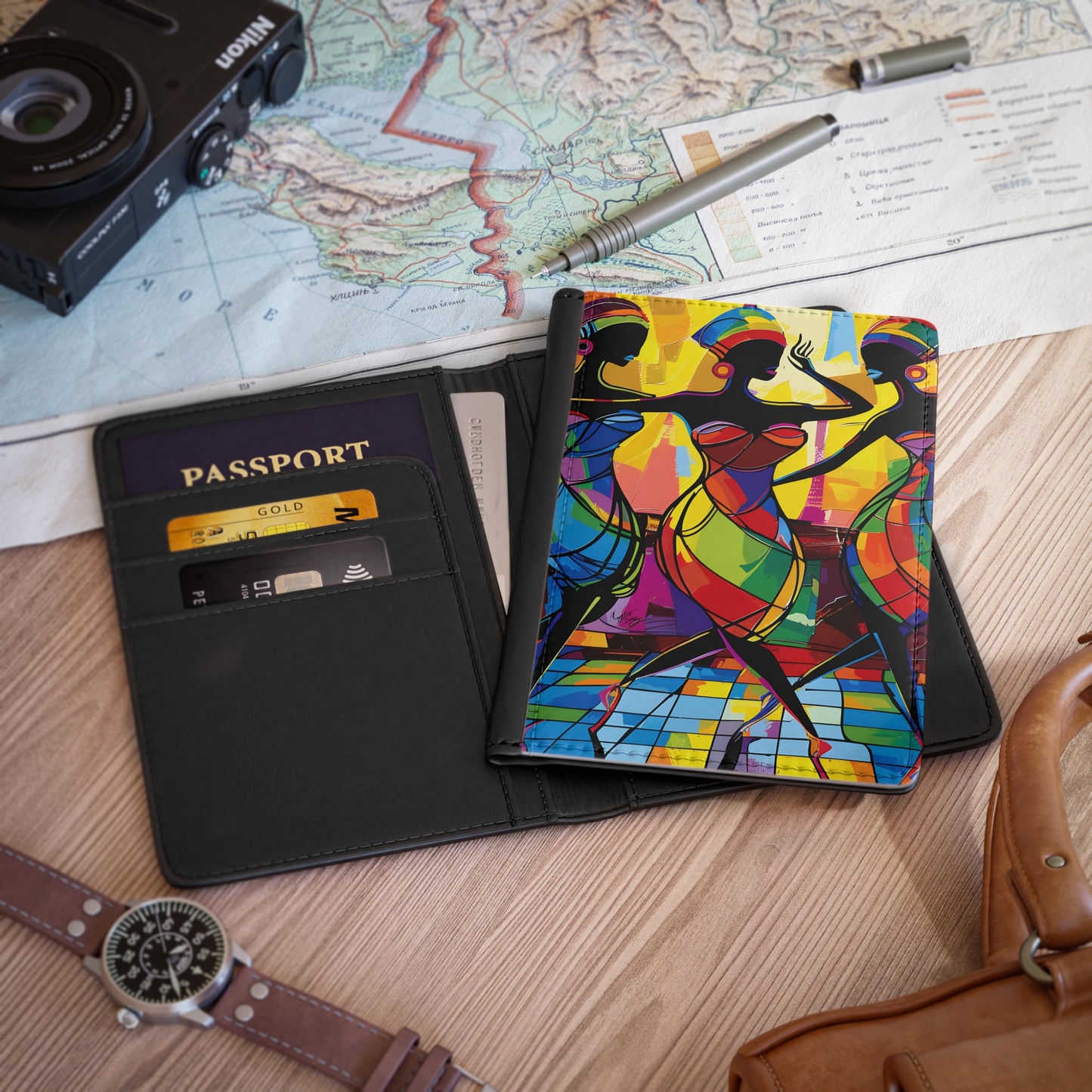 Club Trio Vegan Leather Black Art RFID Blocking Passport Cover