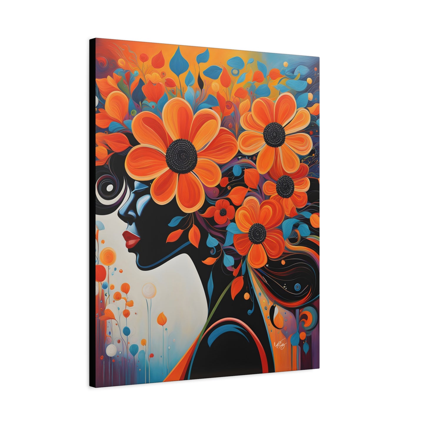 Flowery Thoughts Black Woman Art Canvas Wall Print