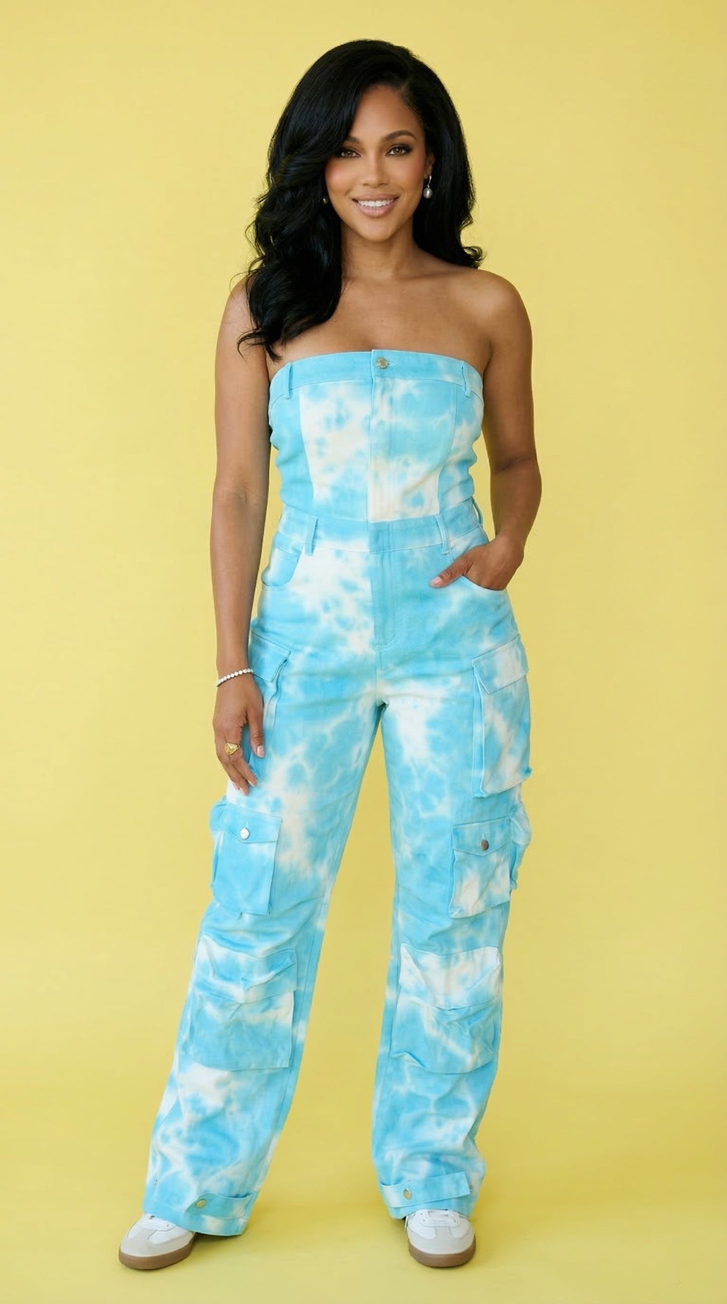 Summer Trends Blue Tie Dye Strapless Utility Jumpsuit