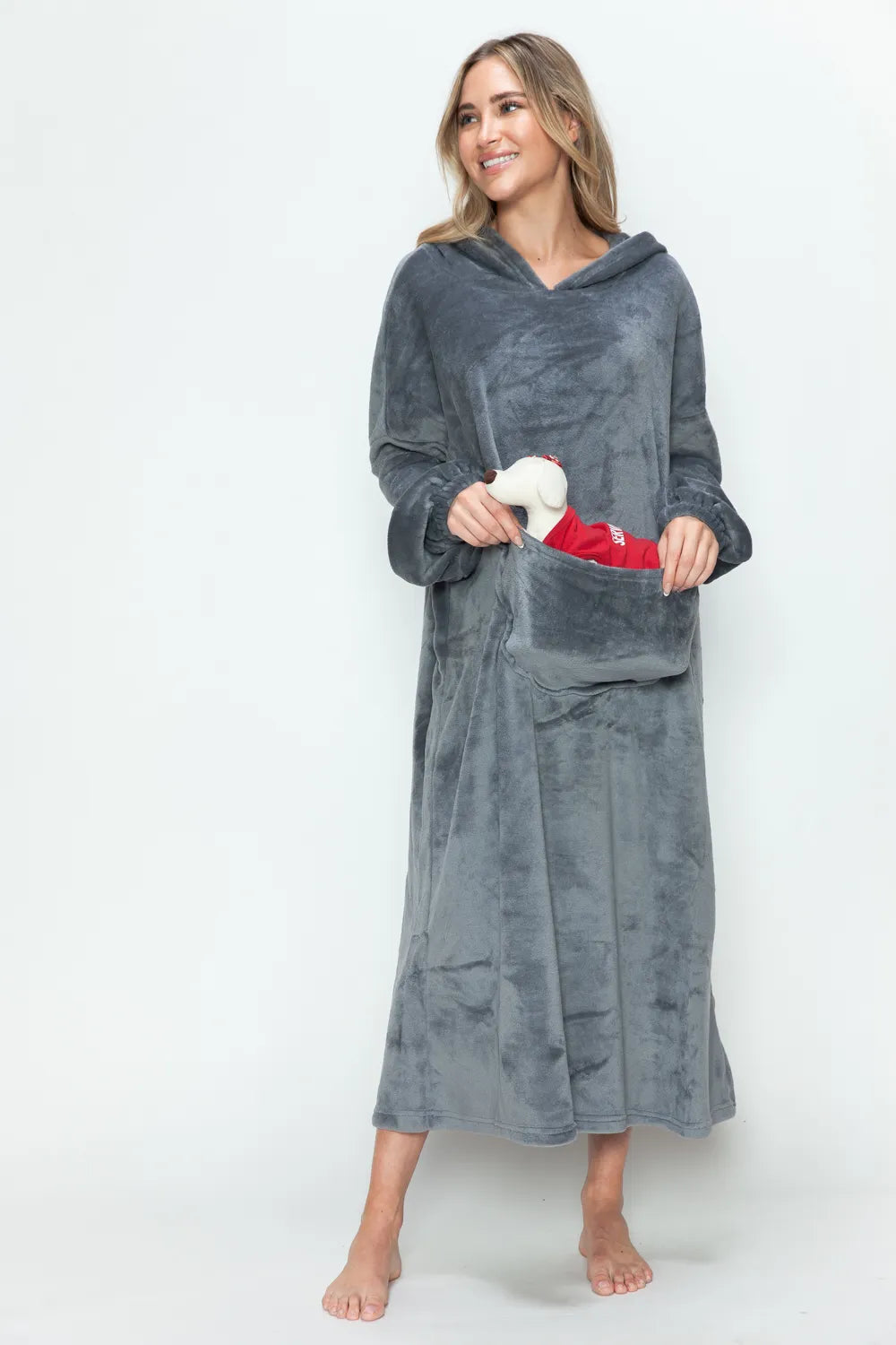 Double Vented Robe Double Take Full Size Pocketed Hooded Velour Blanket Lounge Robe