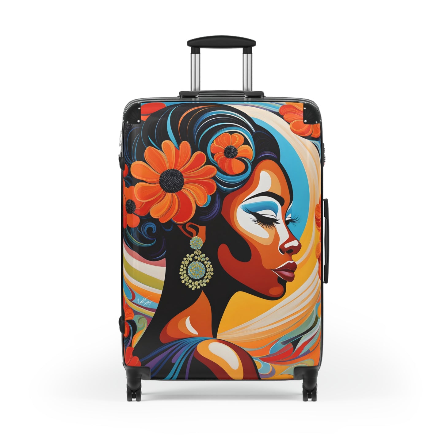 Psychedelic Flowers In Bloom Black Art Hardshell Hardside Lockable Spinner Suitcase Luggage