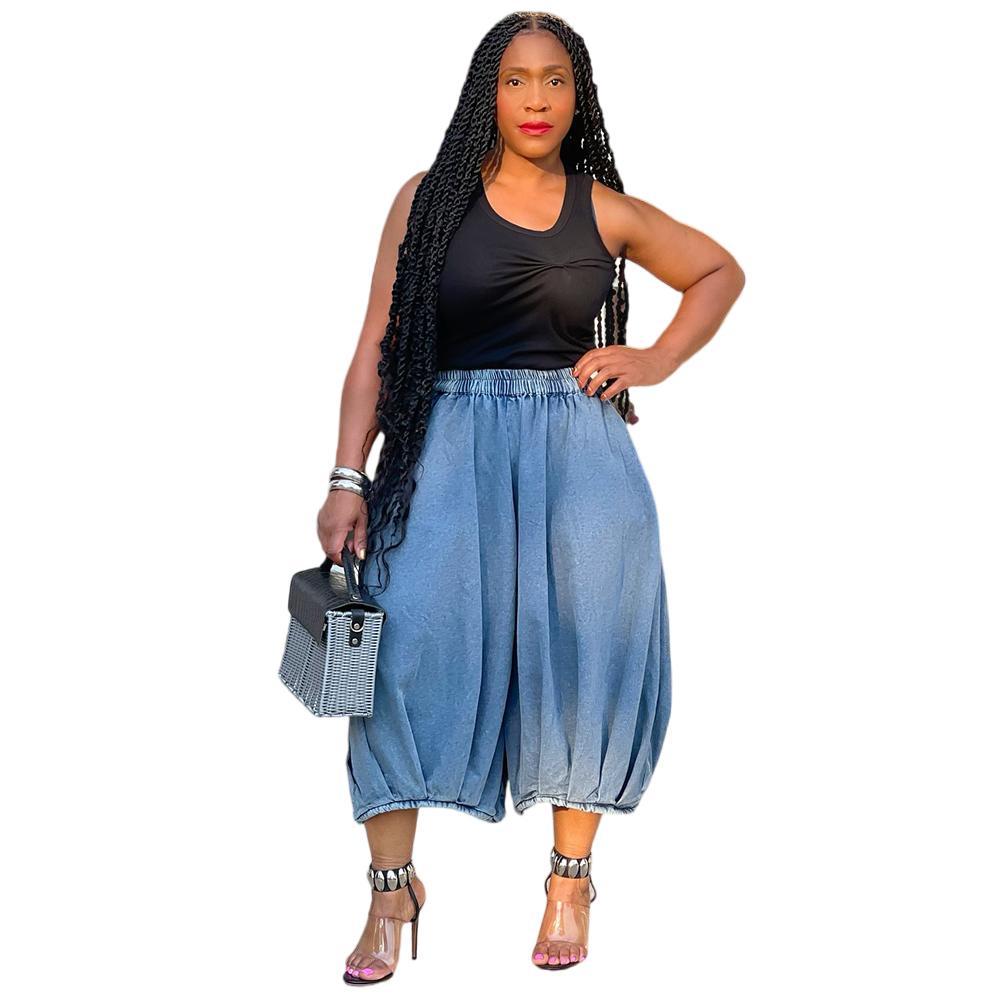Trendy Cropped Wide Leg Denim Pants
