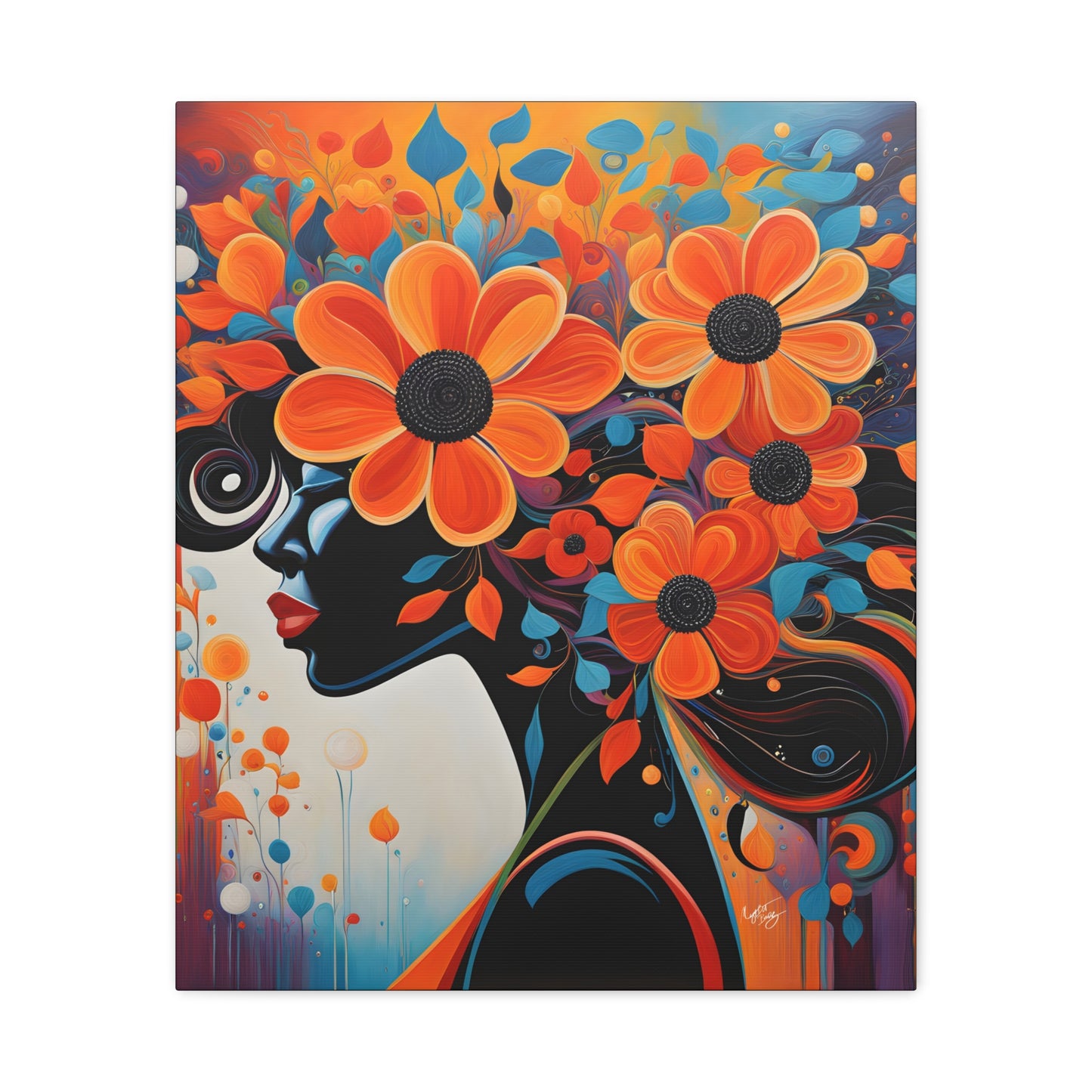 Flowery Thoughts Black Woman Art Canvas Wall Print