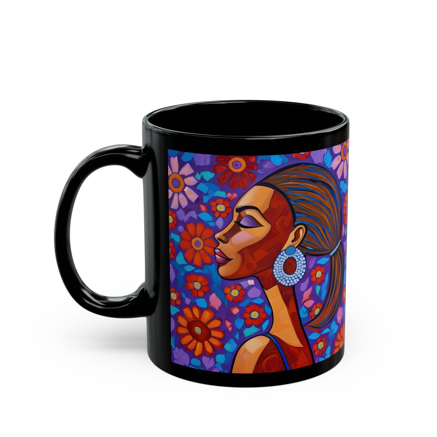 Colorful Daises Afrocentric Black Woman Abstract Art 11oz Black Coffee Mug