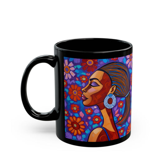 Colorful Daises Afrocentric Black Woman Abstract Art 11oz Black Coffee Mug
