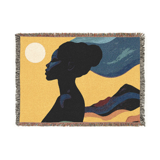 The Rising Sun Afrocentric Black Woman Abstract Art Woven Throw Blanket
