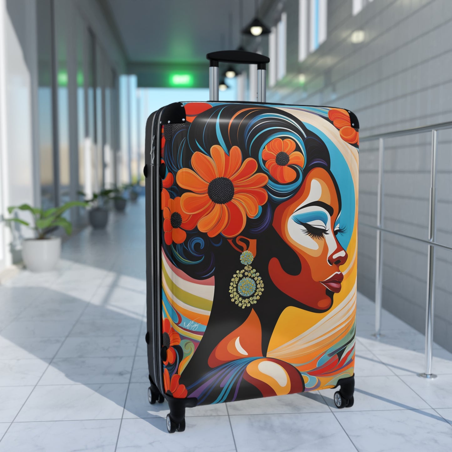 Psychedelic Flowers In Bloom Black Art Hardshell Hardside Lockable Spinner Suitcase Luggage