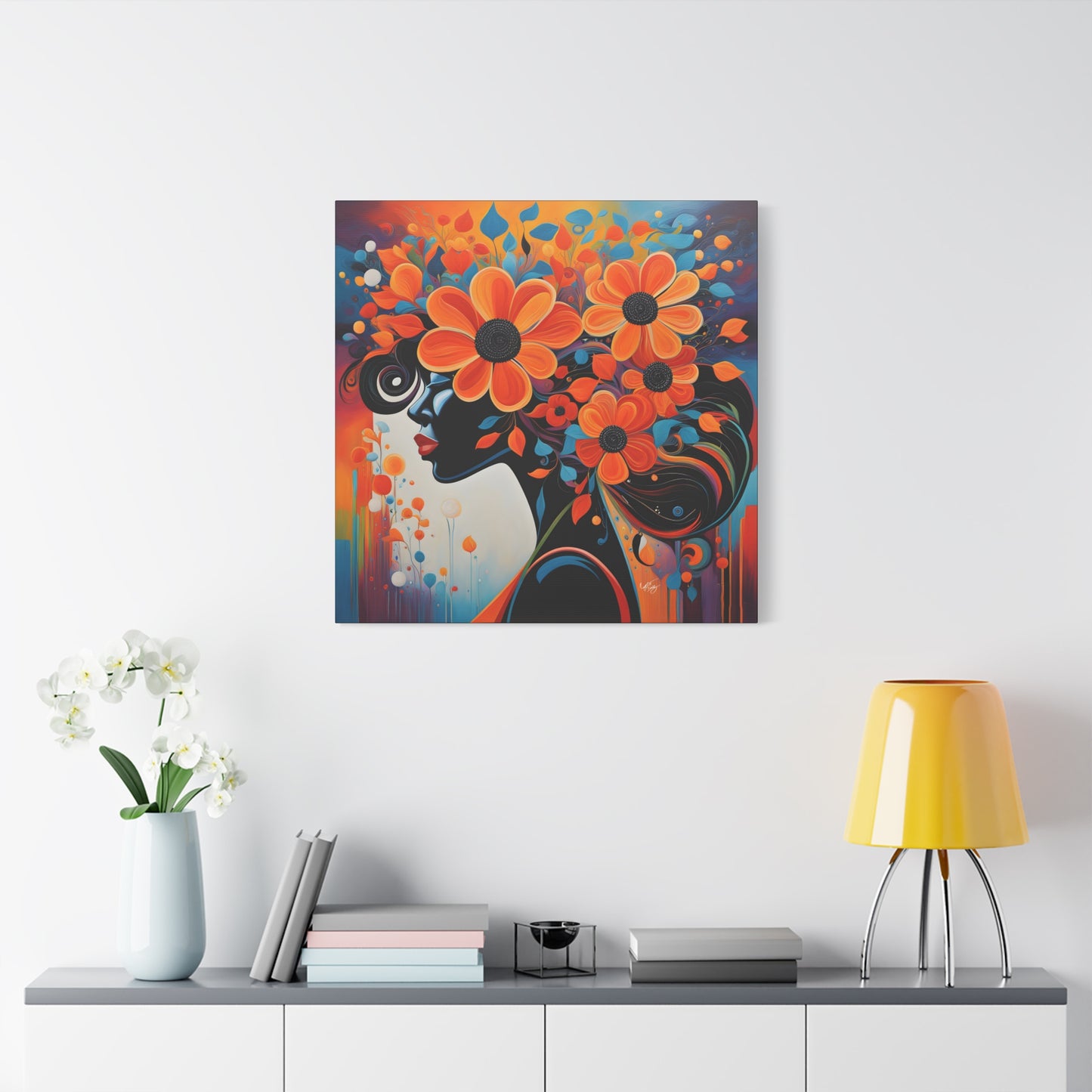 Flowery Thoughts Black Woman Art Canvas Wall Print