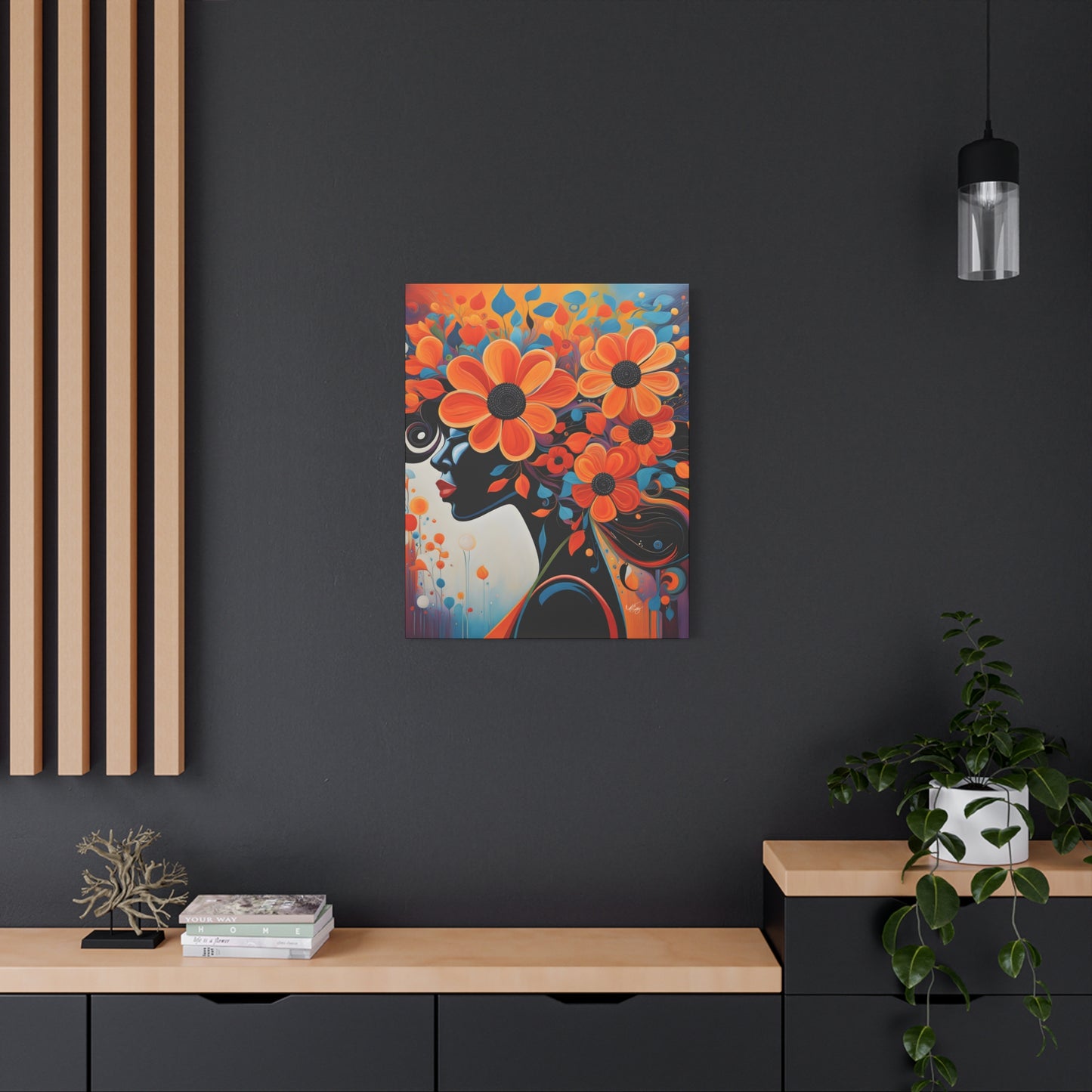 Flowery Thoughts Black Woman Art Canvas Wall Print